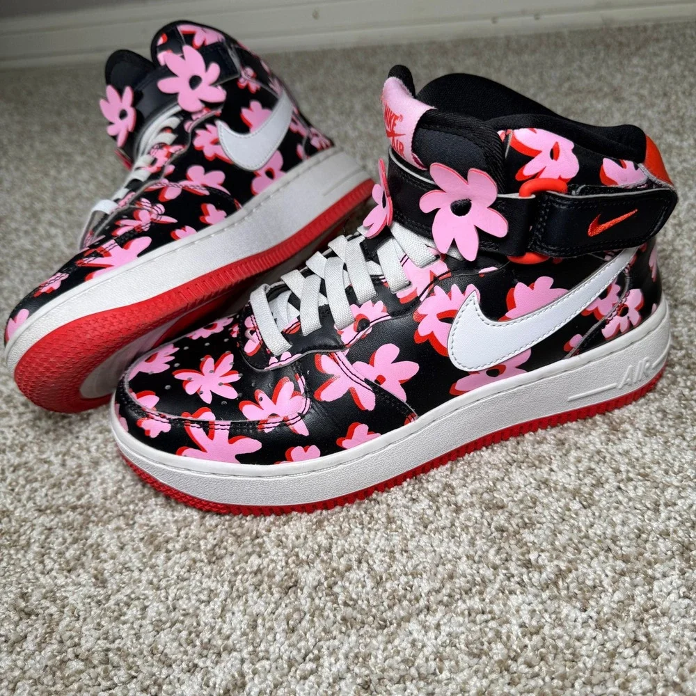 Nike Air Force 1 Size 5.5Y Mid Black Pink Red Floral Charms DX3365-001 Sneaker